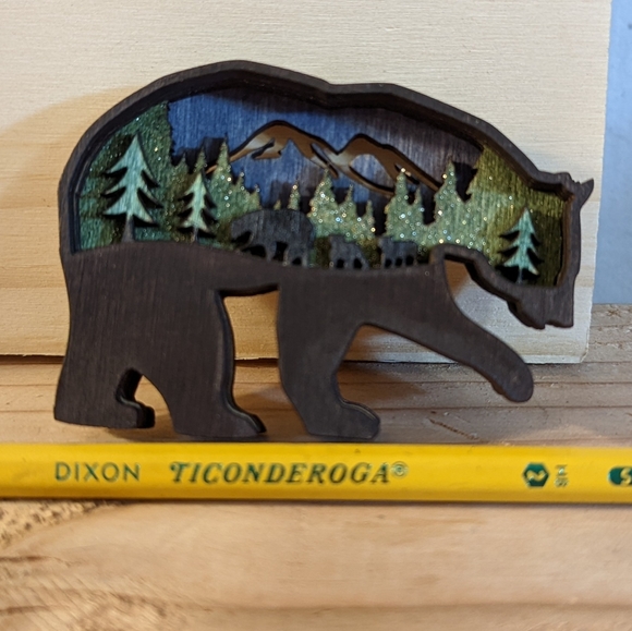 Wooden Layered Bear Magnet with Nature Scene Inside - Picture 2 of 4